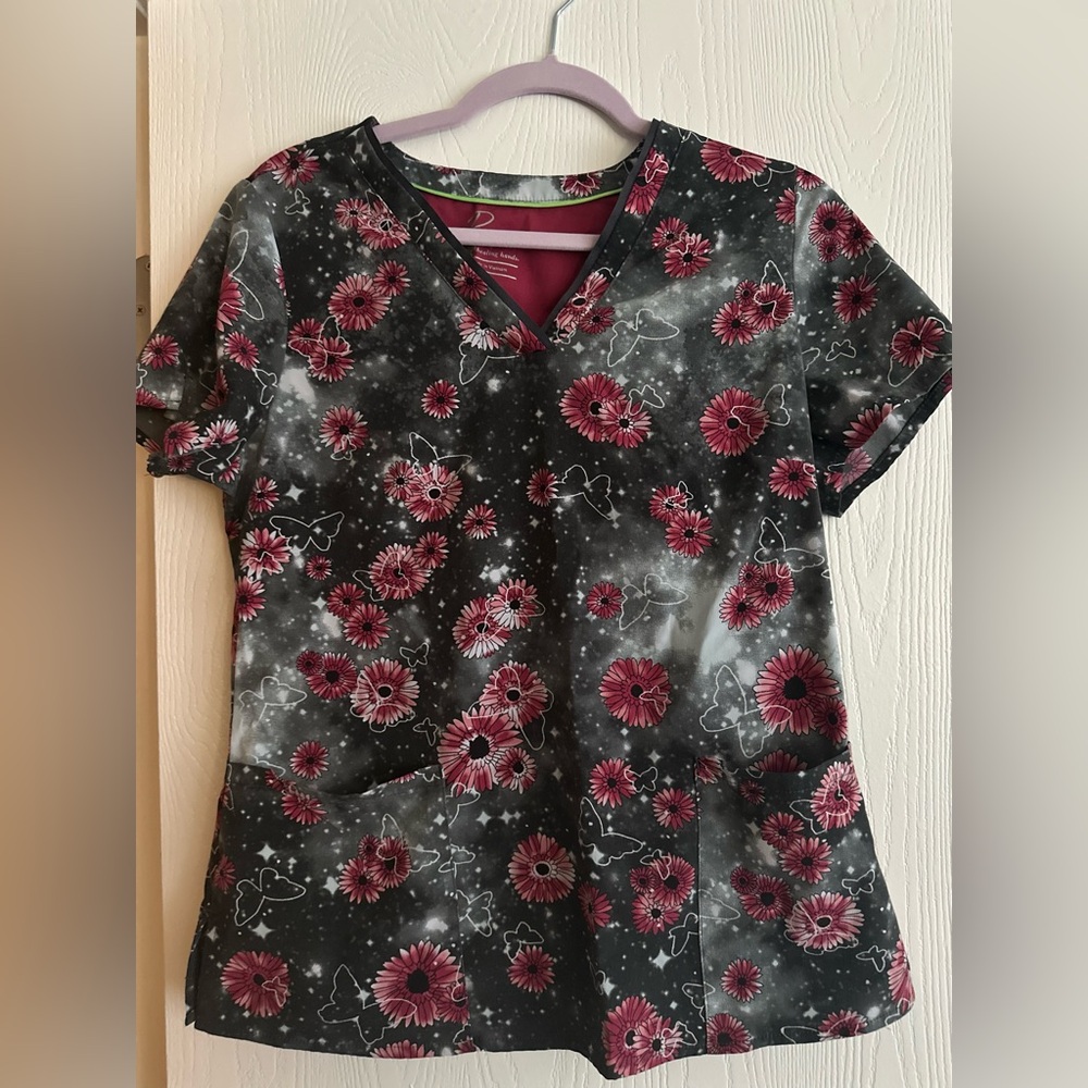 Healing Hands Black and Pink Floral scrub top